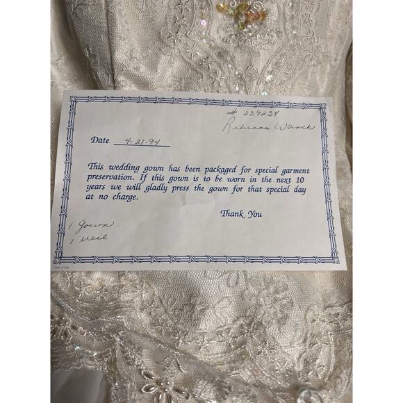 Vintage 90s Wedding Gown Dress Lace Chiffon Beaded Sequin Elegant V- Neck Sz 18 - Picture 16 of 16